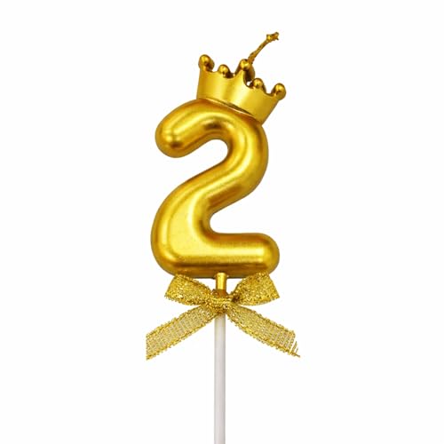 Image of Rozi Decoration Number 2 Birthday Candle for Cake with Crown Design | Gold Metallic Number Candle with Stick | Second Birthday Cake Topper for Baby, Kids and Family Celebration