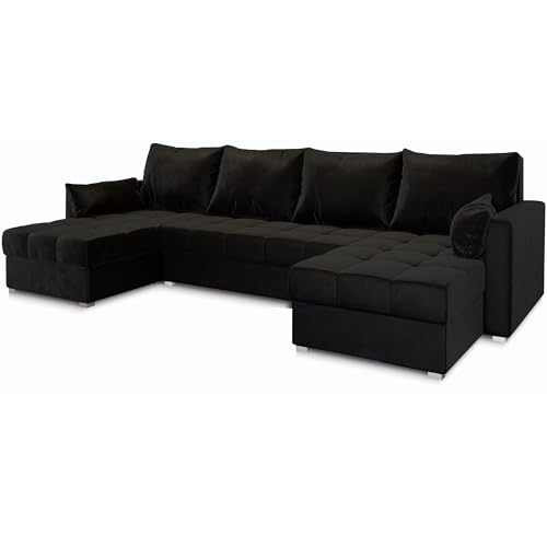 Masseno Canapé d'angle NAKO avec Fonction Couchage Forme en U, Classique, avec Coffre de Rangement, Ensemble canapé de Salon - Noir