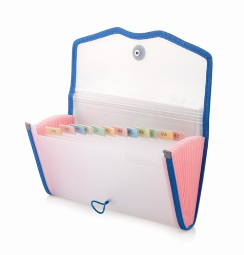 Image of Polen 2 Pcs Expanding Cheque Book Holder Case, 13 Pocket Transparent Passbook Holder /Bill Folder /Passport /Memo Card /Cash Storage Pouch Organizer with Elastic Closure.(Blue)