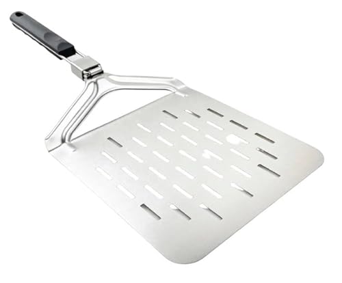 Perforated 10" metal pizza peel turner with folding handle for outdoor pizza oven accessories and indoor baking use