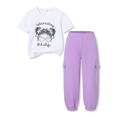 Image of Ayzozuy Kid Girl Clothes Outfits Figure Letter Graphic Tee Top + Flap Pocket Pants 2PC Clothing Set