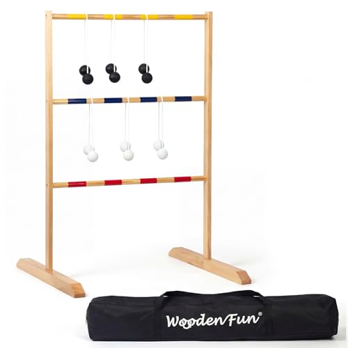 WOODENFUN Leitergolf Spiel Outdoor Holz Leiterspiel mit 9 Bolas & Tasche Outdoor Indoorspiel und Wurfspiel für Erwachsene und Kinder ab 3 Jahren 90x62x58cm