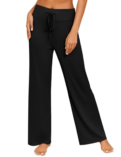 Ekouaer Women's Pajama Pants Wide Leg Yoga Pants Lounge Drawstring Pants Comfy Stretch Plaid Pj Bottoms