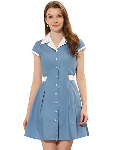 Image of Allegra K Women's Vintage Button Down Shirt Dress Notch Lapel Short Sleeve Belted Office Mini Short Dresses