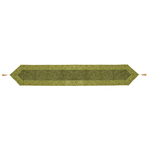 Image of E-EZRA Ari Zari Embroidery Table Runner for Dining Table 6 Seater 72IN Indian Satin Traditional Long Runner Up with Tassels Coffee Tablecloth for Room & Home Decor Runner (Green)
