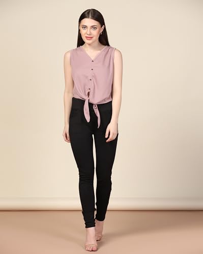 Image of Zilcon Women Waffle Tie Knot Button Down Sleeveless Casual Blouse Curved Hemline Tops S-XL
