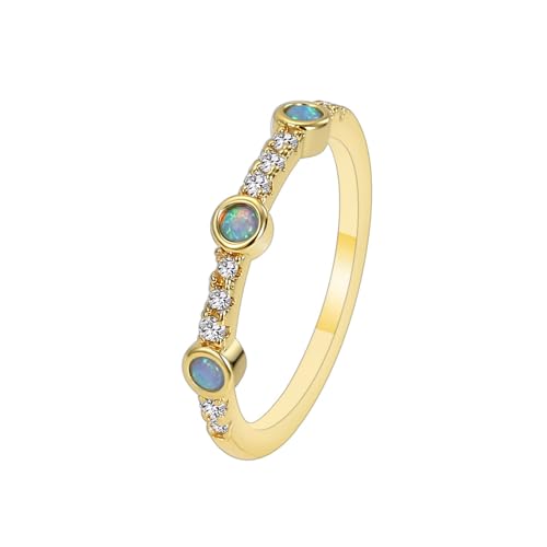Dainty Stackable CZ Opal Promise Band Ring for Women Girls 14K Gold Plated Cubic Zirconia Blue Birthstone Fashion Finger Rings Comfort Fit Birthday Holiday Jewelry Gift for Her