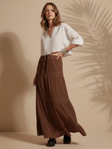 Image of GRECIILOOKS Women's Summer Ruffle Hem PolyBlend Maxi Skirt | High Waist Long Skirt's | Plain A-Line Flowy Skirt for All Occasions | Elegant Boho Style