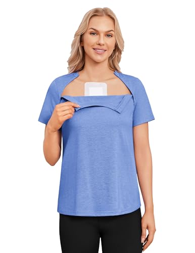 Deyeek Chemo Port Shirts for Women with 2 Hidden Zippers Post Surgery Short Sleeve Adaptive Clothing Cozy Breast Cancer Shirts S