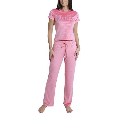 Image of Juicy Couture Women's 2 Piece Velvet Fleece Short Sleeve Shirt and Pants Lounge Sleepwear Set