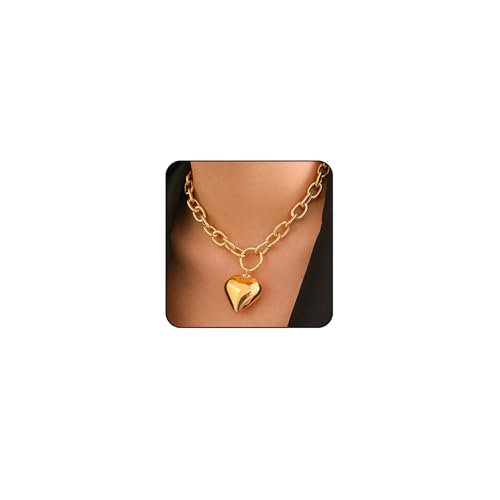 Sora Tuki Gold Heart Necklaces for Women Big Heart Chain Necklace Chunky Gold Necklace Puffy Heart Pendant Necklace Large Heart Charm Necklace Gold Chunky Jewelry