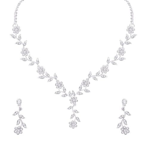 Image of Atasi International American Diamond Style Silver Plated Necklace with Earrings Jewellery Set for Women - Perfect for Party, Wedding, and Engagement