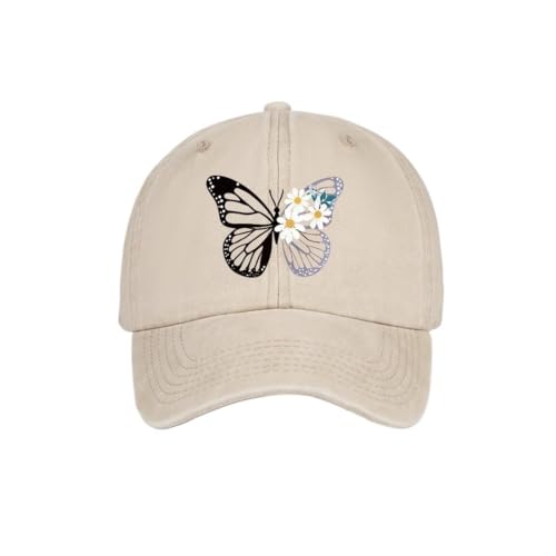 Gorra de béisbol beige con bordado de mariposa y margarita para mujer