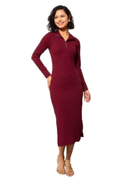 Image of barcino Black Rib High Neck Front Half Zipper Dress