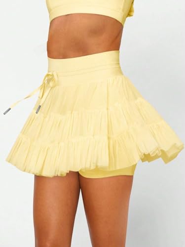 EARKOHA 2025 Skirts for Women High Waist Tie Pleated Solid Color Mini Skirt with Pockets Yellow M3