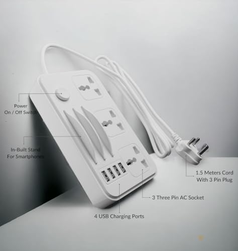 Image of Vismac Extension Board 3 Universal Sockets + 4 USB Ports | Master Switch | ABS Plastic Body | 1.5M BIS Cord | 2300W Load Capacity| 1-Year Warranty | Fire Resistant | for Home & Office and Workspace.