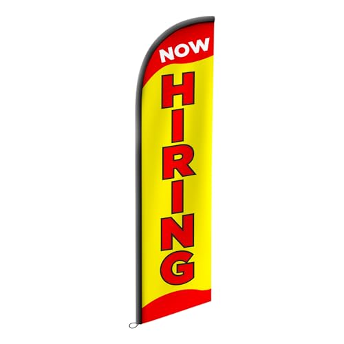 Now Hiring Sign - Advertising Swooper Flag Sign for Replacement - Feather Flags for Business Retailers Shops and Events Promotion - 12ft x 2.5ft (Pole not included)