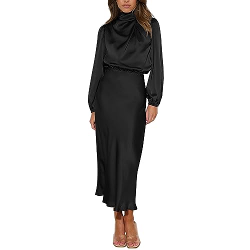 Midi-Kleider für Damen, einfarbig, hoher Halsausschnitt, Satin, langärmelig, elegant, schmale Passform, Midi-Kleider für Damen, Schwarz , S