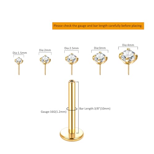 Image of Oveta Threadless Nose Stud Stainless Steel 20G 18G 16G Threadless Flat Back Tragus Earrings Labret Medusa Monroe Ashely Lip Piercing Jewerly Gold