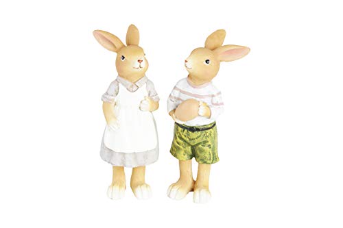 HEITMANN DECO Keramik Hase und Häsin - Dekofiguren Hasen-Paar, Osterhasen - Osterdeko, Frühling - 2er Set - Braun, Weiß, Grau, Grün, ca. 5 x 4,5 x 12 cm