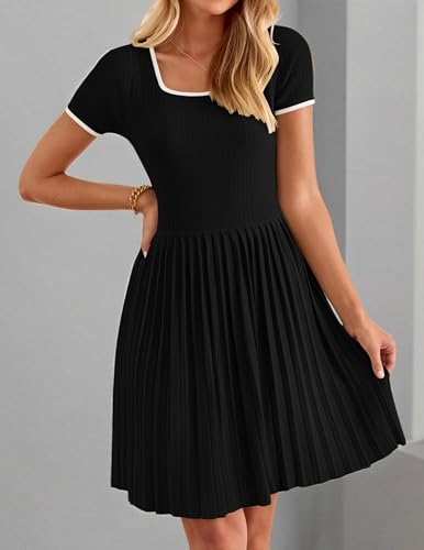 Image of ZESICA Women's Ribbed Square Neck Color Block Pleated Mini Dress 2024 Short Sleeve A Line Knit Short Dresses Black S