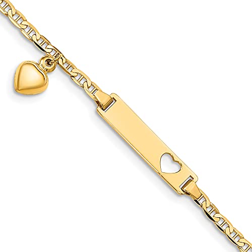 14K Solid Yellow Gold Heart Love Dangling Anchor Mariner Link Name Bar Identification ID Bracelet