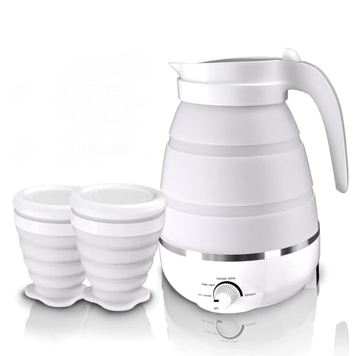 600ml Travel Electric Kettle, Portable Travel Foldable Electric Kettle Home Collapsible 5 Different Temperature Silicone Water Boiler and Tea Pot for Camping (White)