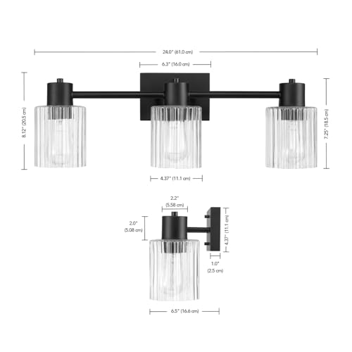 Image of Globe Electric 3-Light Vanity Light, Matte Black, Clear Ribbed Glass Shades