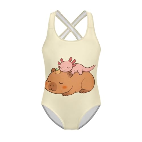 Image of Girls One Piece Swimsuit Axolotl Cross Back Straps Bathing Suit Lightweight Quick Dry Gymnastics Leotard
