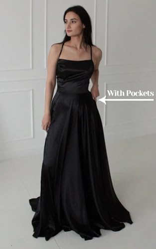 Satin Bridesmaid Dresses Long with Pockets Spaghetti Straps A Line Backless Formal Evening Party Gowns with Slit 20254