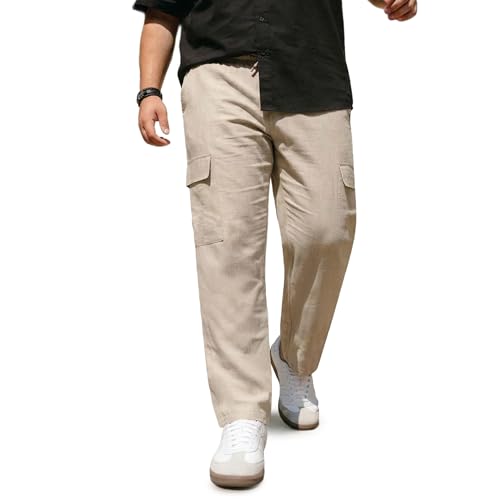 Image of Urbano Plus Men's Straight Fit Linen Cargo Pants with 6 Pockets