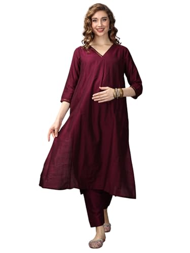 Image of The Mom Store Maternity Nursing and Feeding Kurta Set | Nursing Zippers | Pre and Post Pregnancy | Raw Silk | Kurta Pant Set | Solid |