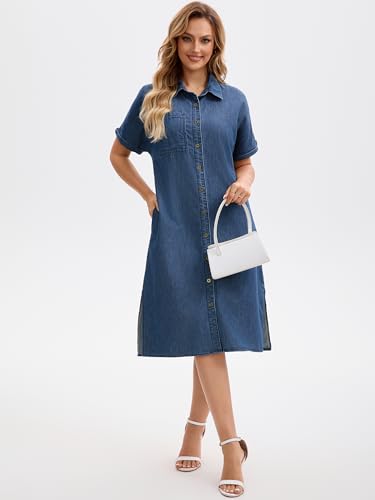 Image of Women's Midi Denim Dress Summer Short Sleeve Button Down Casual Loose Long Tunic Jean Shirt Dress