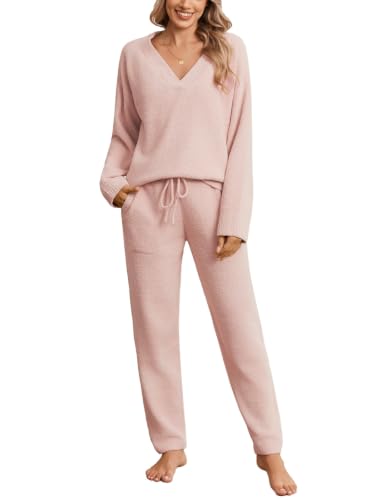 Snuggle Sac Womens Pajama Sets 2 Piece Cozy Winter Fluffy Fuzzy Pajamas V Neck Long Sleeve Lounge Set