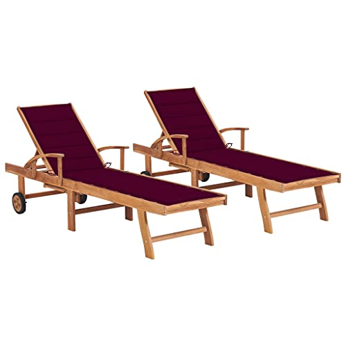 SKM Tumbonas 2 uds Madera Maciza de Teca con cojín Rojo Tinto,Mobiliario,Muebles de jardín,Asientos de Exterior,Tumbonas,Rojo,42.62 kg,3073195