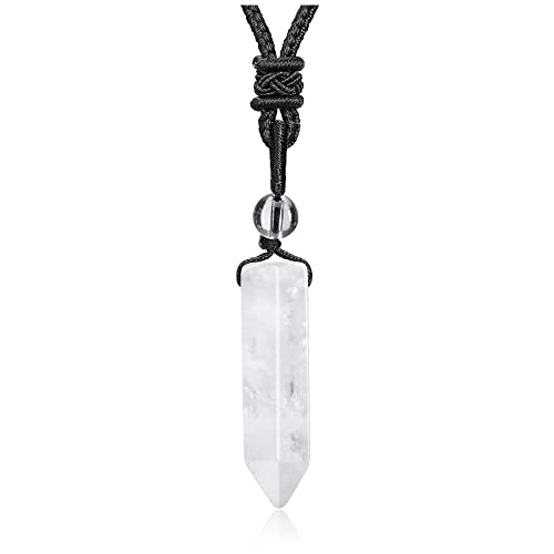 Pesoenth Clear Quartz Crystal Necklace Reiki Healing Crystal Gemstone Pendant Necklace Adjustable Rope Chakra Crystal Jewelry For Women Men Gift #TOP19