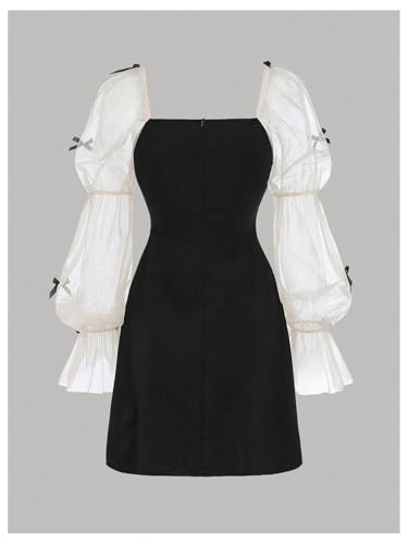 Girl's Dress Bow Ruffle Sheer Mesh Puff Long Sleeve Dresses Party Formal Short Dresses Size 8-122