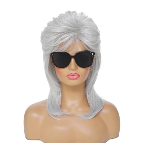Image of Adequate 80s Mullet Wig for Women Fluffy and Layered Hairpiece for Perfect for Costume Parties and Cosplay (Light Gray)