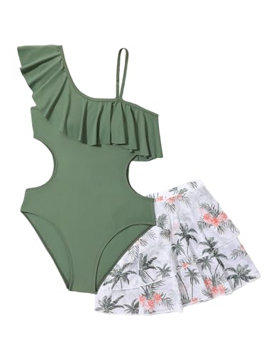 WDIRARA Girl's 2 Piece Swimsuit Asymmetrical Ruffle One Piece with Tropical Print Cover Up Skirt