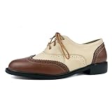 PIVAPAM Womens Oxfords Brown and Apricot Wingtip Chunky Heeled Patent Leather Vintage Brogue Lace Up Two Tone Saddle Shoes