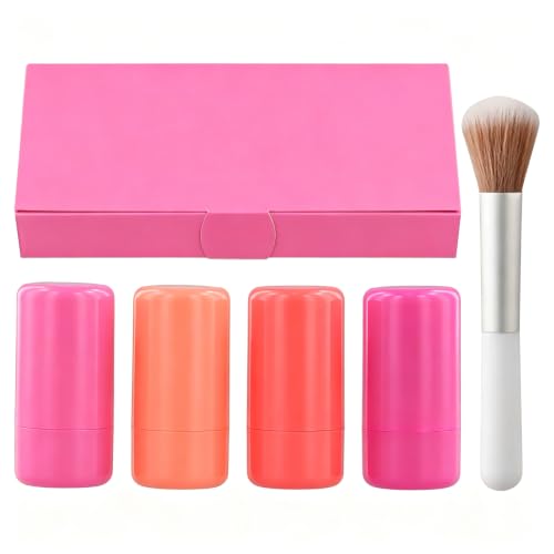 Image of 4 Pack Blush Sticks with Brush - Long Lasting Waterproof Non-Greasy Blushes, Moisturize and Blendable Milk Blush for Cheeks, Eyes, Lips, Contours the Face, Set for All Skin Type