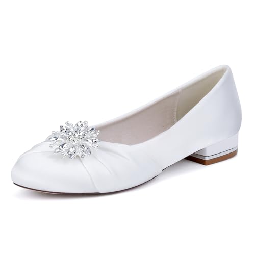 Women's Round Toe Beaded Wedding Flats for Bride Satin Bridal Shoes