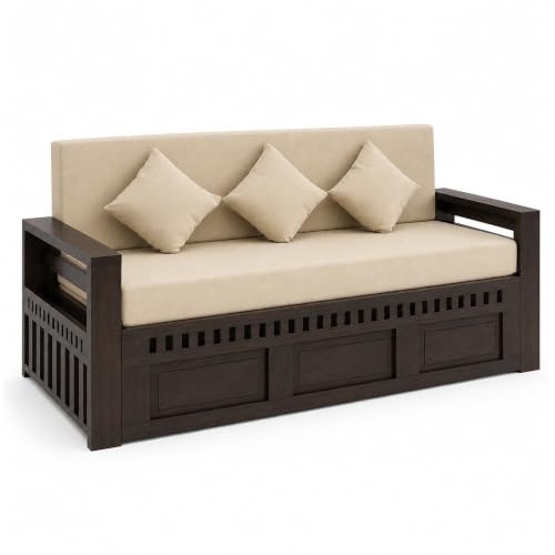 Image of SONA ART & CRAFTS Kuber Sheesham Wood Sofa Cum Bed 3 Seater with Storage and Side Pockets for Living Room Organizer Furniture Sofa Bed Home, Bedroom (Walnut Finish)