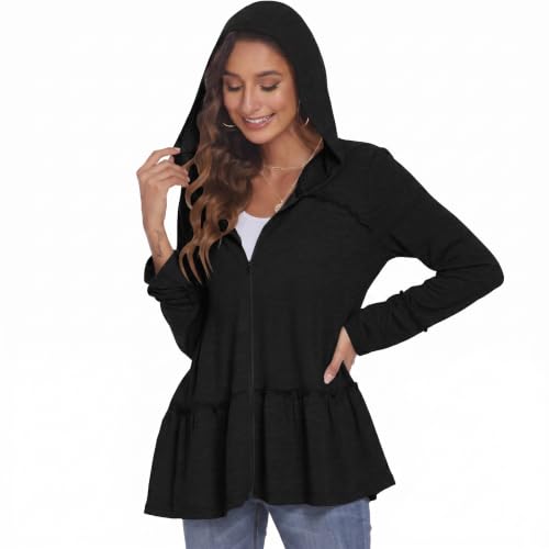 Image of DEESHA Plus Size Zip Up Hoodie for Curvy Women Spring Ruffle Hooded Sweatshirts Jacket Cardigans Lightweight