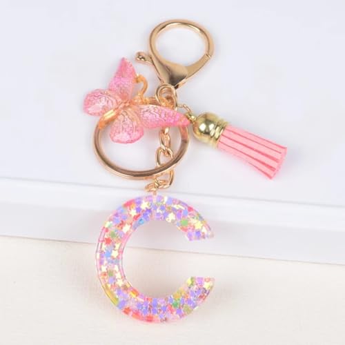 Image of GEOCARTER Lightweight Fashion Initial Letter Key Ring with Butterfly Pendant & Tassel, Stylish Purse Charm for Handbags, Car Keys, Gifts for Girls & Women