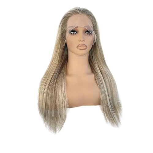 Image of Highlight 13x4 HD Lace Front Wig Human Hair 22 Inch Balayage Ash Brown to Beige Blonde to Platinum Blonde Human Hair Lace Frontal Wig for White Women Glueless Wigs 180% Density Colored Remy Hair Wigs