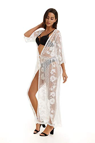 marysgift Lace Cardigan Long White Kimono for Women Crochet Bathing Suits Swimwear Open Front Beach Outfits for Summer Beachwear Beach Cover Up White A000021 - Image 4