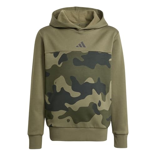 adidas Mixte Enfant Seasonal Essentials Camo Fleece Hoodie Juniors, Olive Strata/Black, 13-14 Years