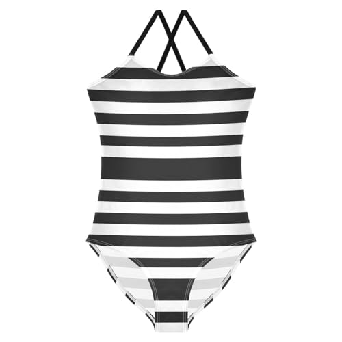 Pfrewn Girls One Piece Swimsuit Black and White Striped Quick Dry Summer Beach Bathing Suit Beachwear 9-10T
