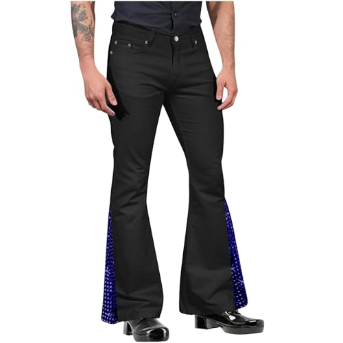 Men's Dress Jeans Retro Sequin Front Button Patchwork Flare Wide Leg Trousers Slim Fit Disco Party Pants with Pockets